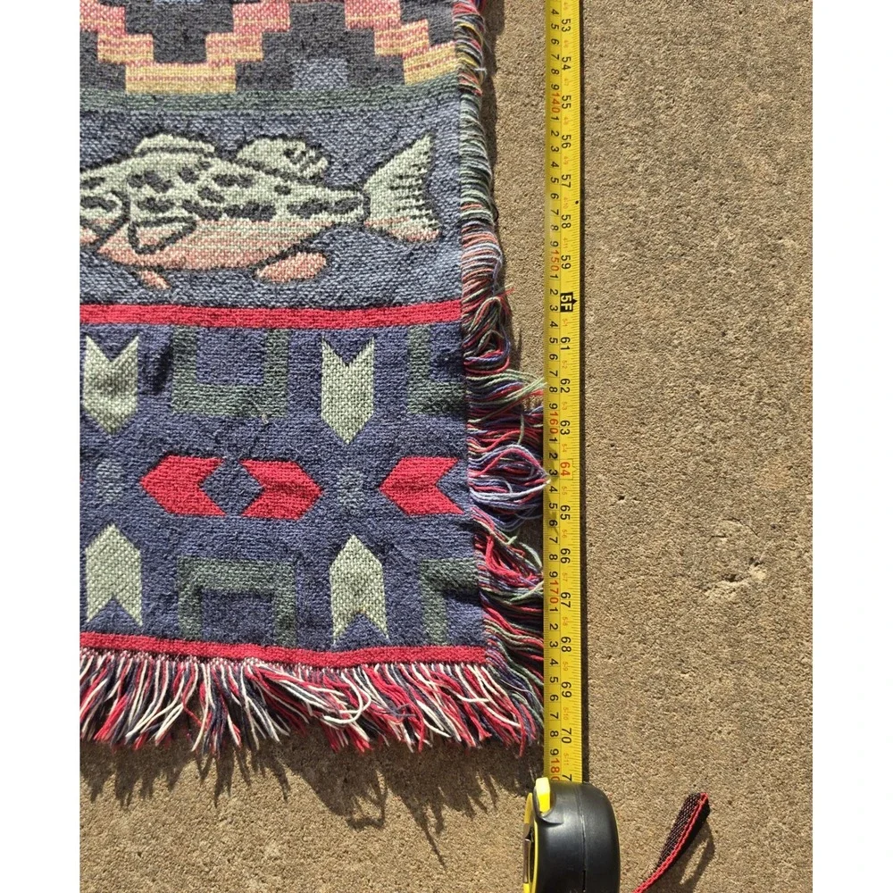Vintage Gone Fishing Woven Tapestry Throw Blanket Trout Cabin Decor 70x48